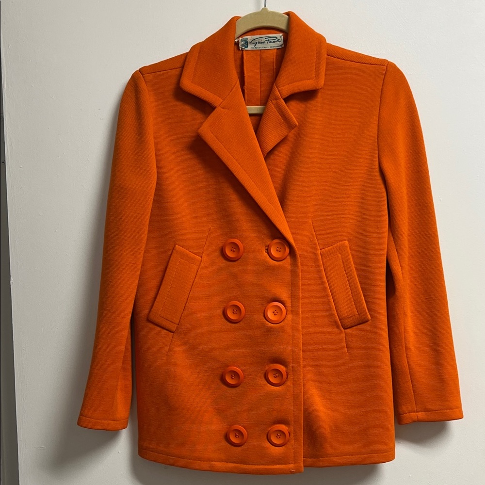 Vintage 70s Bright Orange Double-Breasted Knit Pea Coat Small